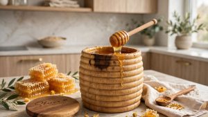 wooden_honey_jar_lifestyle Ribbed Beehive Wooden Barrel Jars (لکڑی کا چھتہ برتن)