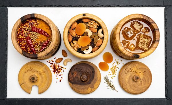 wooden_jars_flat_lay Ribbed Beehive Wooden Barrel Jars (لکڑی کا چھتہ برتن)